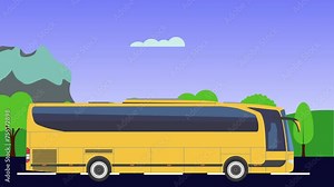 Cartoon Bus running animation, fields and mountain background, seamless loop
