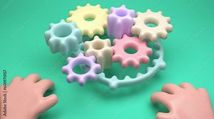 One human hand initiates motion of cogwheel mechanism another stop its rotation, demonstrating precision and control. Concept of business process, teamwork and cooperation. 4K cartoon style animation