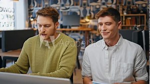 Project managers working computer together at room. Teamwork cooperation office