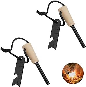 2-Pack Portable Outdoor Magnesium Fire Starter Kit with Handcrafted Wooden Handle - Reusable Camping Fire Igniter Stick for Outdoor Camping, Hiking, and Survival