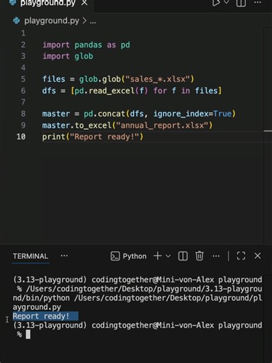 I Automated my Excel Reports in Python #programming #python #coding Here is how to Merge multiple Excel files into a single master report instantly using Python. This script leverages the glob library to find matching files and pandas to concatenate them into one dataframe. Music from #Uppbeat (free for Creators!): https://uppbeat.io/t/matrika/days-off