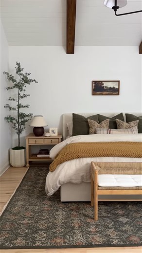 Carol & Ale on Instagram: "Modern traditional meets cozy season 🤍 We added a new ceiling design to our bedroom and styled it with timeless @potterybarn pieces: layered textures, classic details, and the coziest bedding to match the organic charm of the shiplap and wood beams. Everything linked in our bio, or comment “BEDROOM” to receive a DM with the links #bedroomdesign #bedroomdecor #traditionalmodern"