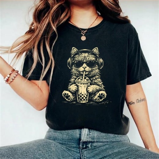 Funny Cat T-shirt, Cat Drinking Iced Coffee Graphic Tee, Comfort Colors Edgy Meme T Shirt - Etsy