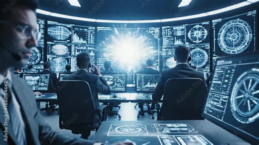 Cybersecurity operations center with analysts wearing headsets monitoring complex data displays and radar screens in a dark, hightech environment, 4k