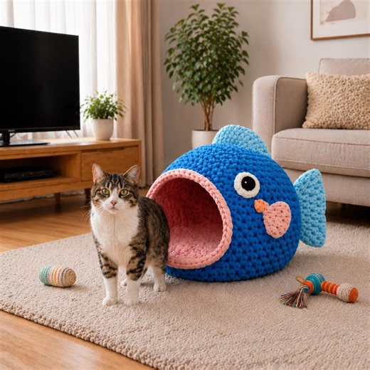 Crochet Fish Cat Cave Pattern PDF | Cozy Cat Bed Crochet Tutorial | Amigurumi Pet House | Modern Cat Cocoon Digital Download