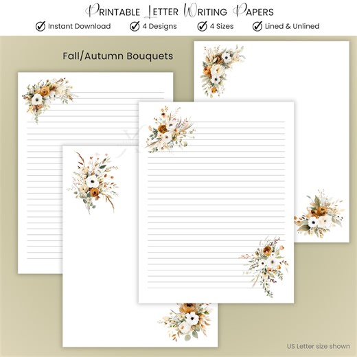 Fall Autumn Bouquets Letter Writing Paper Printable Stationery Writing Sheets Watercolor Floral Designs Digital Download PDF - Etsy