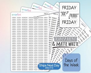 Days of the Week Planner Stickers, Highlighting Transparent and Matte White Vinyl, 190 - Etsy