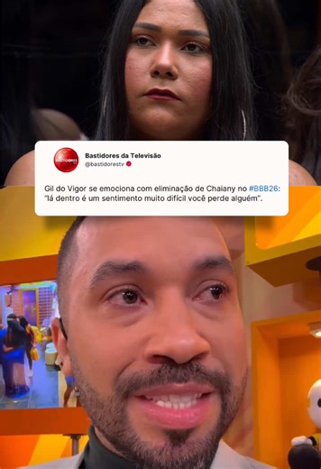 Quem também ficou com o coração na mão aí? 🙋‍♂️ O nosso eterno rei do regozijo, #GildoVigor, não segurou a emoção ao comentar a eliminação da Chaiany na noite de hoje. Com aquela empatia que só quem já viveu o olho do furacão sabe ter, Gil destacou o quanto é doloroso ver alguém sair nessa reta final: “Lá dentro é um sentimento muito difícil, você perde alguém”, desabafou o economista. A gente sabe que o #BBB mexe com tudo, né? 💔 Mas não tem tempo pra tristeza não, porque o pós-venda da gata j