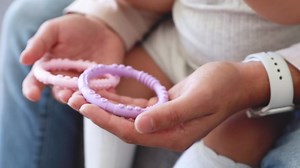 Bumkins Baby Teething Freezer Toy Keys Rings, Soft Flexible Pacifier to Chew, Cool Teether Gum Relief, Babies 3 Months, Freezable, Platinum Cured Silicone, Sensory Bracelet, 4-pk Blue and Green