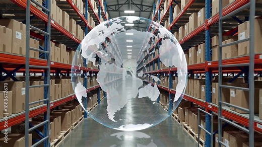rotating globe in warehouse: global supply chain visualization | logistics, business, technology, commerce, global theme