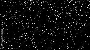 Snowfall in the wind on the black background, winter snow animated background with alpha transparency channel included, codec PNG + Alpha, wintertime seamless looping animation