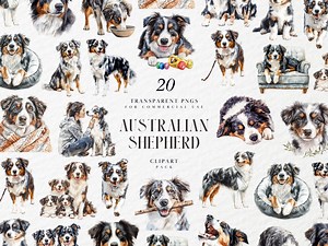 Watercolor Australian Shepherd Clipart, Aussie Pup, Herding Dog Breed, Pet Portrait, Farm Animal, Transparent PNG Graphics, Commercial Use - Etsy
