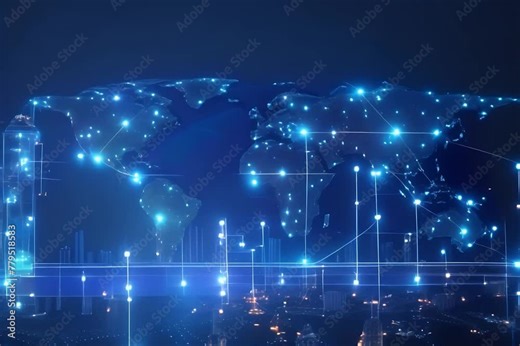 This video displays a world map with interconnected lines and various dots marking specific locations.