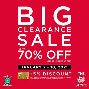 54K views · 12K reactions | Shop at #TheSMStore's Big Clearance Sale from January 2 to 10, 2021! ➡️ Score up to 70% OFF on select items ➡️ Get an EXTRA 5% discount* with your BDO Credit Card Standard discount exclusions apply. *With a minimum single-receipt installment purchase of P15,000 DTI Fair Trade Permit No. FTEB 110777 Series of 2020 | SM Store | Facebook