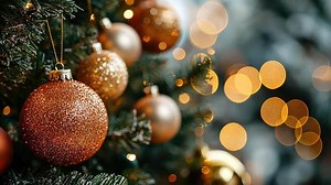 Download Close-up of festive gold and bronze christmas ornaments on tree with warm bokeh lights in background, celebrating merry christmas and happy new year concept for free