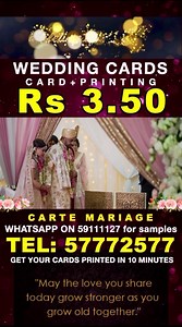 YES! only at 3.50 Rs Get your Wedding cards 😍 DESUITE Ena plusieurs Cartes: 3. 50 Rs, 5. 00 Rs, 7.00 Rs 🚨 WHATSAPP: 59111127 Pou Samples / MODELS 🚨 Pena Pou met Laline Rien!Mo Design to Carte Mariage Gratuit devan toi, Imprime Desuite donne toi dan 10-15 Minutes Desuit👌 Call/Sms: 57772577 ☎ 🚨 Vine Petit Raffray mo fer to carte Desuite devant toi: COUMA LI MARCHER? ✅ Ouvert Lundi a Dimanche 10a.m ziska 5hrp.m ✅ Nou Ladresse: Route Royale, Petit Raffray Akoté Village Hall ✅ Nou Fer Montage Ca