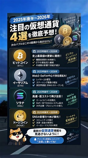 【2026年注目】次に来る仮想通貨4選！BTC・ETH・SOL・DOGEを徹底解説🚀 #仮想通貨