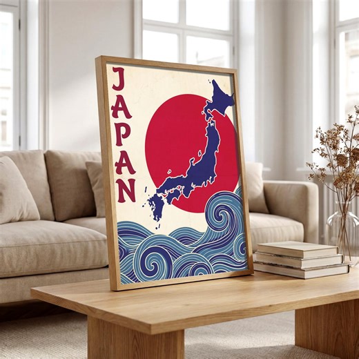 Japan Map Poster, Blue Silhouette Travel Wall Art, Minimalist Japan Print With Red Sun and Ocean Waves, Modern Asian Decor - Etsy
