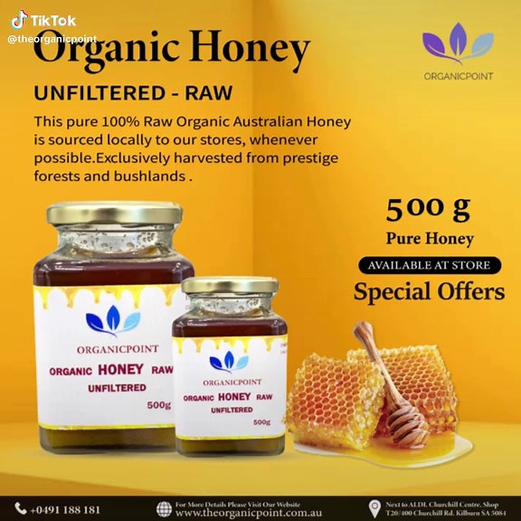 🍯 Organic Honey - Unfiltered & Raw 🍯 💛 This 100% pure raw organic Australian honey is locally sourced from prestige forests and bushlands, ensuring the finest quality for your family. ✅ Size: 500 g ✅ Features: Rich in nutrients, unprocessed, and perfect for healthy living! 📍 Available at Store 💥 Special Offers Await You! 📞 Contact Us: 0491 188 181 🌐 Visit: http://www.theorganicpoint.com.au 📍 Location: Next to ALDI, Churchill Centre, Shop T20/400 Churchill Rd, Kilburn SA 5084 Taste the pu