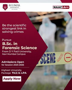 3.6K views · 12 reactions |  Admissions Open for B.Sc. in Forensic Science!  Pursue an exciting career in forensic science at D Y Patil University, Navi Mumbai.   Highest package: ₹43.13 LPA   Career paths: Forensic Scientist, Crime Scene Investigator & more!  Apply Now! | Admissions at DY Patil University, Navi Mumbai | Facebook