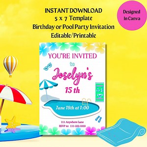 Teen Birthday Pool Party Invitation: Beach Theme, Editable Template (5x7, Instant Download) - Etsy UK