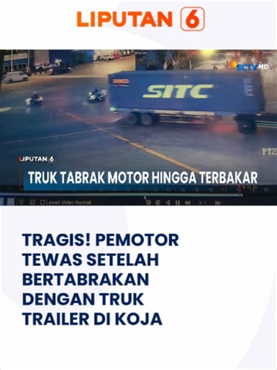 Seorang pemotor tewas setelah bertabrakan dengan truk trailer di Persimpangan Pos Sembilan, Koja, Jakarta Utara. Motor yang terseret menimbulkan percikan api hingga membakar kedua kendaraan. #liputan6sctv #newssctv #emtekmedianews #kecelakaan #jakartautara