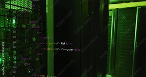 HTML code animation over green-lit server room Stock Video