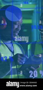 Animation of data processing over diverse male it technicians working by computer servers. Global business, finances, computing and data processing concept digitally generated video.