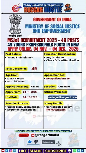 Ministry of Social Justice & Empowerment Recruitment 2025 – Apply Online 49 Posts #shorts #govtjobs