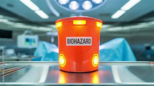 Biohazard waste container in operating room shows medical safety concept