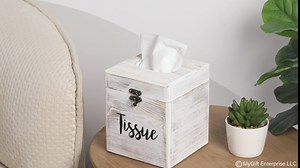 MyGift Rustic Whitewashed Solid Wood Square Tissue Box Cover Cube Tissue Holder with Latched Lid and Cursive Tissue Word Design, Bathroom Facial Tissue Cover