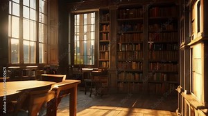 Sunbeams Illuminating a Library Interior with Bookshelves and Tables