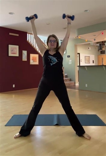 Squat down, weights up down then around - only 8 reps