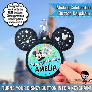 Mickey Celebration Button Keychain, Shimmer Black Faux Leather With Silver Stitching - Etsy