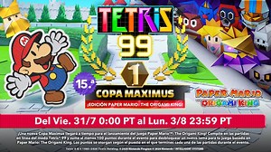 16K views · 677 reactions | ¡Paper Mario: The Origami King se topa con Tetris 99! Ponlo en tu calendario, porque la 15ª edición de la COPA MAXIMUS de Tetris 99 tendrá los dobleces disponibles del 31 de julio a las 12 am (Hora del Pacífico) al 3 de agosto a las 11:59 pm (Hora del Pacífico). ¡Suma al menos 100 puntos y desbloquea el nuevo tema para tu juego! Evento disponible en México, Argentina, Chile, Colombia y Perú. | Nintendo Switch | Facebook