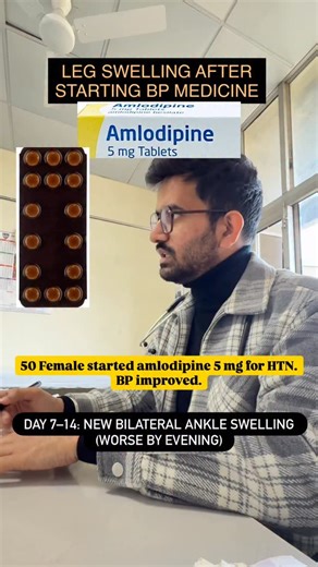 Dr Nixon Goyal | MD Medicine | ECFMG Certified (USA) on Instagram: "👩‍⚕️ Case on Call 👩‍🦳 50-year-old female 💊 Started on Amlodipine 5 mg for HTN 📈 BP improved 🗓️ Day 7–14 → 🦶 Bilateral ankle edema 🌙 Worse by evening ❌ No SOB | ❌ No weight gain 🧠 Why it happens? Amlodipine → precapillary dilation > postcapillary dilation ➡️ ↑ capillary pressure ➡️ Peripheral edema (not fluid overload) 🔧 What works best? ✔️ Reduce dose / stop amlodipine ✔️ Prefer CCB + ACEi / ARB combo ❌ Diuretics usual