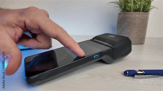 POS terminal setup with menu navigation and payment method selection on touchscreen interface