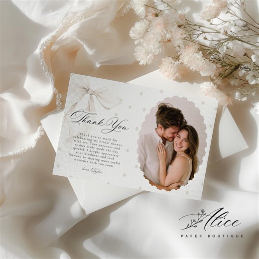 White Bow Bridal Shower Thank You Card, Bridal Brunch Printable Editable Template, She Tying the Knot Thank You, Pearl Bridal Invite Card - Etsy