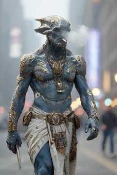 Alien monkey man with the elongated head hunting look smoking cigarettes