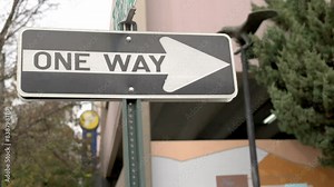 Close-up of a "One Way" street sign with an arrow, situated in an urban setting with trees and buildings in the background.
