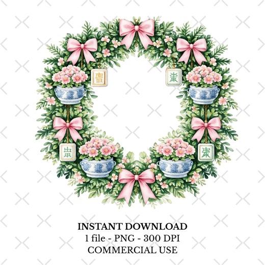Mahjong Easter Clipart, Mahjong Spring Tiles Png, Watercolor Mahjong Wreath, Merry Mahjong, Chinoiserie Art - Etsy