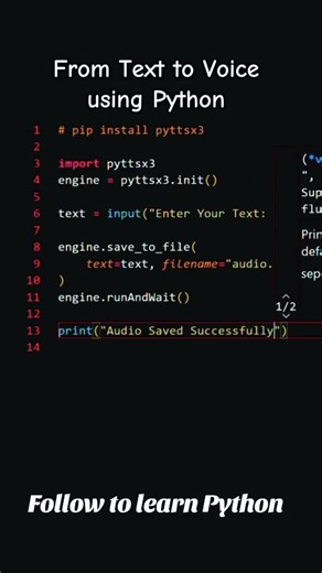 From Text to audio by writing a few lines of python Code. #python #learntocode #pythonforbeginners