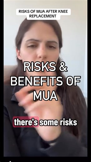 Dr. Samantha Smith | Total Knee Replacement Recovery & Education on Instagram: "Manipulation Under Anesthesia (MUA) is sometimes recommended after knee replacement if stiffness limits your progress. The procedure can improve bending and straightening, but it also carries risks like temporary pain, swelling, or rare complications. Always discuss with your surgeon to weigh the benefits and risks for your recovery. What questions do you have for me about the MUA?"