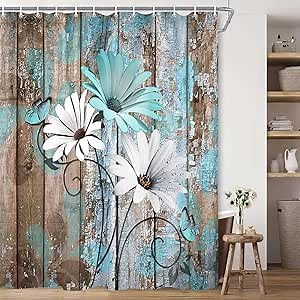 JAWO Farmhouse Flower Floral Shower Curtain, Rustic Teal Turquoise Daisy Shower Curtain Set, Country Blue Wild Garden Plant Fabric Shower Curtain with Hooks, Surreal Bathroom Curtain, 69x70inch