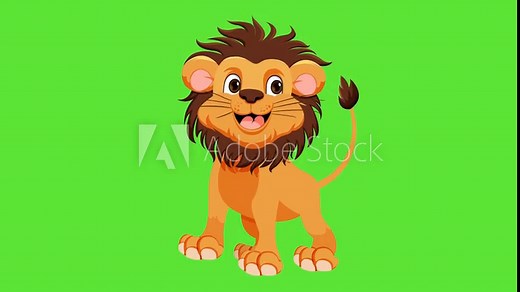 2D animated Lion moving head moving tail eyes blinking a cute cartoon Lion king motion graphics 4k Animation with chroma key isolated green screen transparent background