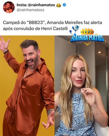 Andréia Matos on Instagram: "A médica e campeã do BBB23, @ameirelles , usou as redes sociais para esclarecer e tranquilizar o público após o ator Henri Castelli sofrer uma convulsão durante a participação em uma prova. Segundo ela, o episódio não deve ser automaticamente associado a fraqueza ou a um diagnóstico de epilepsia. Amanda explicou que, do ponto de vista neurológico, a convulsão ocorre quando há uma descarga elétrica excessiva e desorganizada nos neurônios, funcionando como um “curto-ci