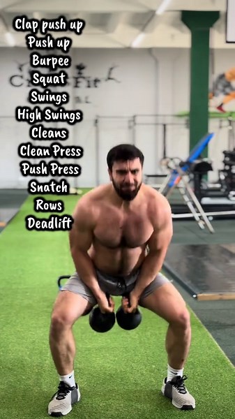 🔥 20 Rounds Kettlebell Circuit – 3 Reps Each Clap push up Push up Burpee Squat Swings High Swings Cleans Clean Press Push Press Snatch Rows Deadlift #crossfit #fitness #gym #virals #fyppppppppppppppppppppppp