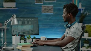 Architect working with building model on computer for construction plan and layout. Engineer designing blueprint project for architectural development. Skyscraper design on monitor