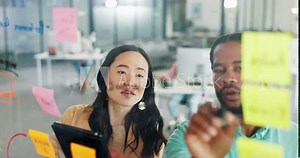 Planning, brainstorming and business people on glass board and tablet for schedule, reminder and writing for workflow. Employees or woman with digital tech, project ideas and teamwork on sticky notes