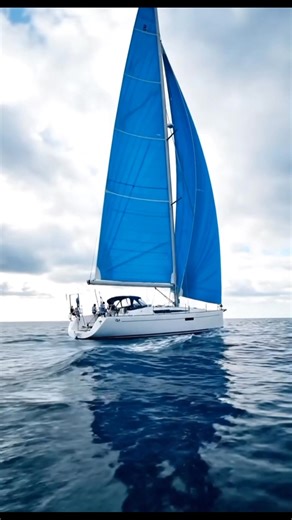 A white sailing yacht glides gracefully over calm blue waters under soft clouds ☁️⛵ The bright blue sail dances in the wind as sunlight breaks through — pure peace, freedom, and ocean beauty. 🌊✨ #SailingLife #OceanVibes #YachtAdventure #SeaFreedom #CinematicSailing | Love Sailing